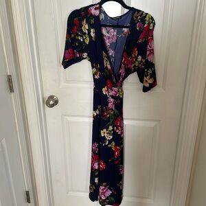 Blue wrap dress with colorful flowers